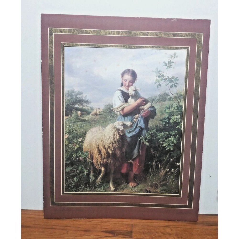 The Shepherdess by Johann Baptist Hofner Lithograph Print cardboard frame 28x22"